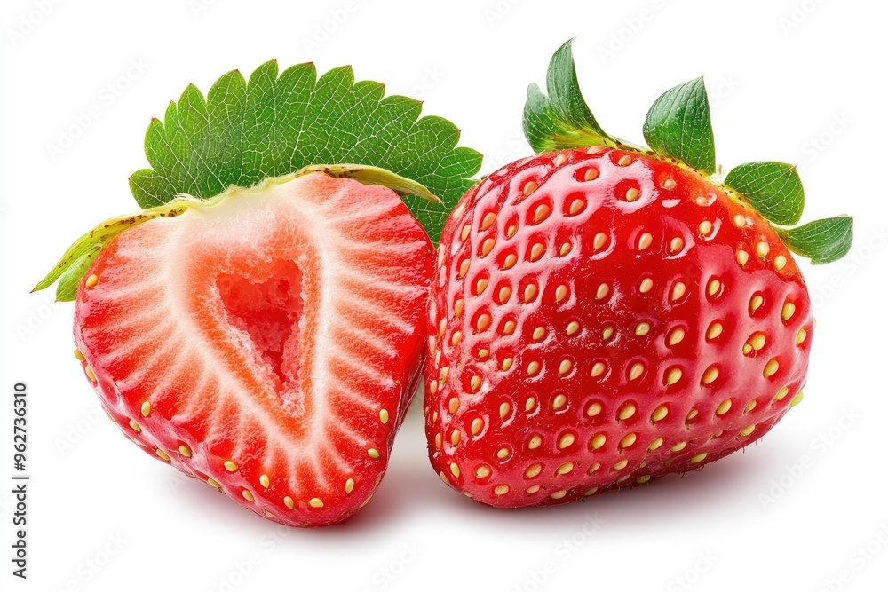 Strawberry isolated. Strawberry with half on white background. Strawberry fruit with leaf. With clipping path , ai Strawberry isolated. Strawberry with half on white background. Strawberry fruit with leaf. With clipping path , ai