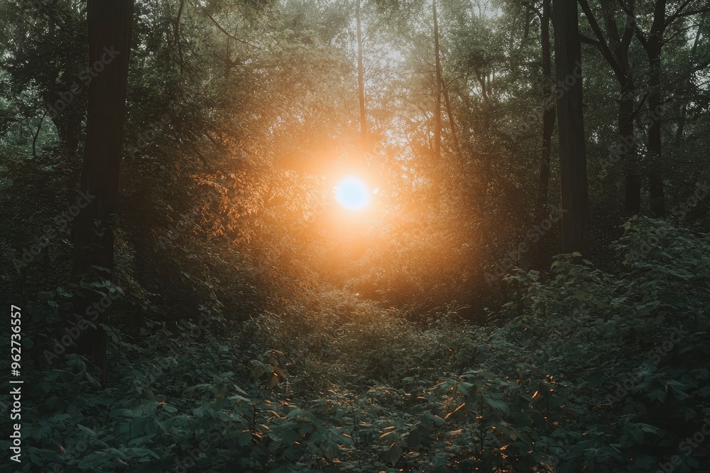 Obraz premium Observing the sun peeking through the trees in a forest is a serene experience, surrounded by terrestrial plants and a variety of shades of green and brown in the natural landscape, ai
