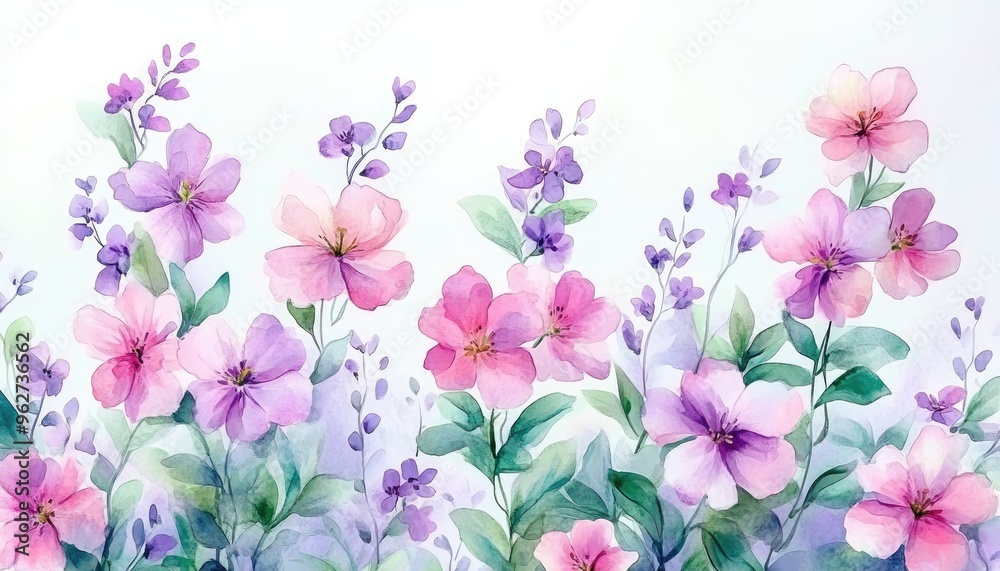 custom made wallpaper toronto digitalWatercolor painting of pink and purple flowers. The image is perfect for floral designs, wedding invitations, or any project needing a delicate and romantic touch.