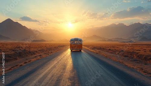 A lone bus drives on a road through a desert. This image is perfect for showcasing themes of travel and adventure. photo