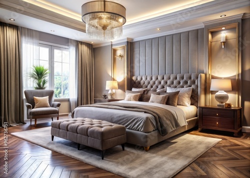 Stylish Master Bedroom Interior Features Plush Bedding, Elegant Curtains, And Modern Furniture, Creating A Luxurious And Inviting Oasis.