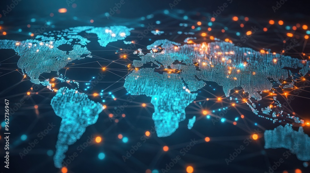 Naklejka premium a digital map of the world with interconnected nodes representing global network connections data flow and cyber security technology generative ai