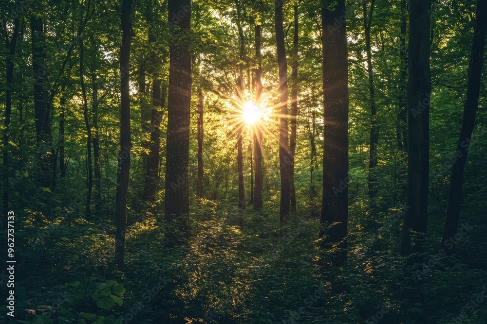 Obraz premium Observing the sun peeking through the trees in a forest is a serene experience, surrounded by terrestrial plants and a variety of shades of green and brown in the natural landscape, ai