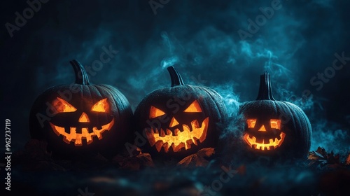 Scary Pumpkins glow at night. Halloween picture on a black background. Fear and the holidays concept with generative ai