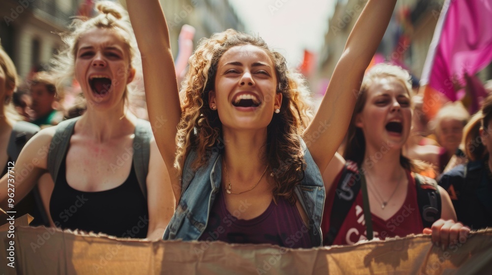Fototapeta premium People holding up a banner and cheering. AI.