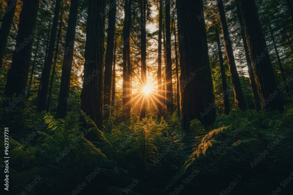 Fototapeta premium Observing the sun peeking through the trees in a forest is a serene experience, surrounded by terrestrial plants and a variety of shades of green and brown in the natural landscape, ai