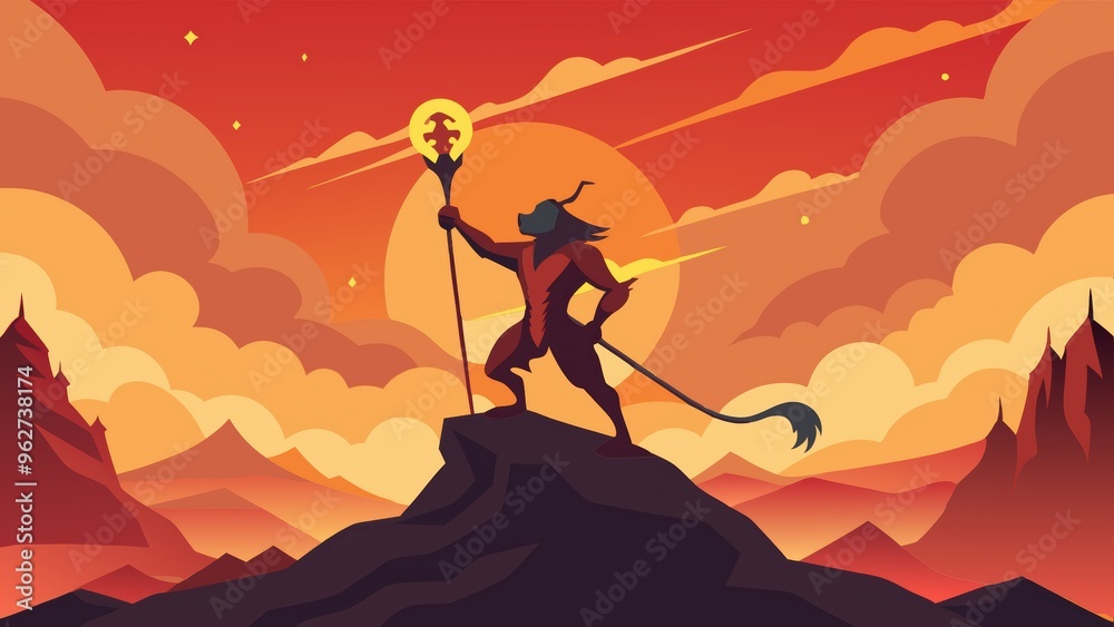 Mythical Creature Holding a Staff on Mountain Peak at Sunset Mythical Creature Holding a Staff on Mountain Peak at Sunset