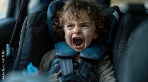 A child in a car seat screams. AI.