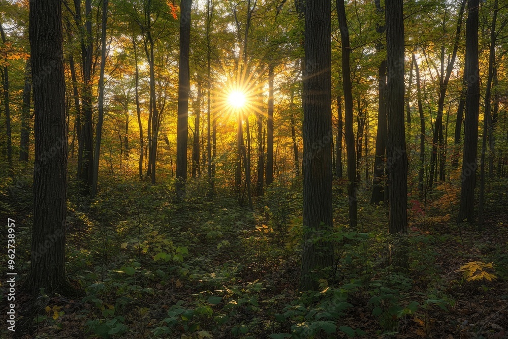 Obraz premium Observing the sun peeking through the trees in a forest is a serene experience, surrounded by terrestrial plants and a variety of shades of green and brown in the natural landscape, ai