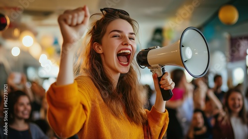 Young woman in orange sweater excitedly yelling into a megaphone.
