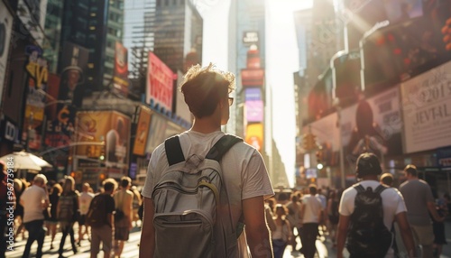 Young Man Walking Busy City Street Amidst Crowds, Bright Advertisements, Urban Lifestyle, Modern and Dynamic