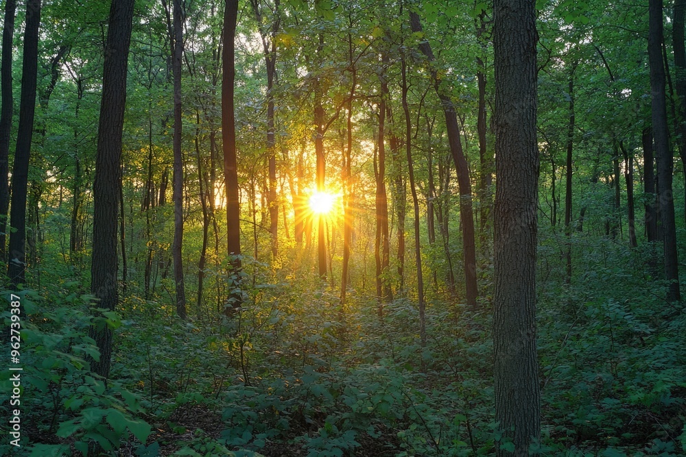 Fototapeta premium Observing the sun peeking through the trees in a forest is a serene experience, surrounded by terrestrial plants and a variety of shades of green and brown in the natural landscape, ai