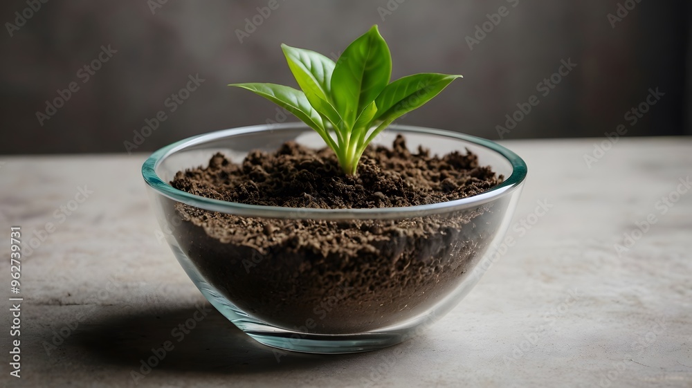 Green leaf plant sprout on round glass bowl soil, nature small tree growing indoor, botany agriculture seed harvest Green leaf plant sprout on round glass bowl soil, nature small tree growing indoor, botany agriculture seed harvest