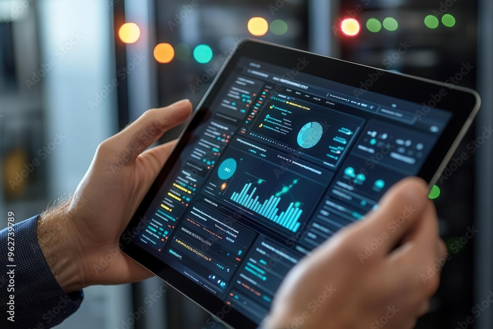 Detailed shot of hands holding a tablet displaying performance analytics, server room in the background, IT evaluation, technology assessment