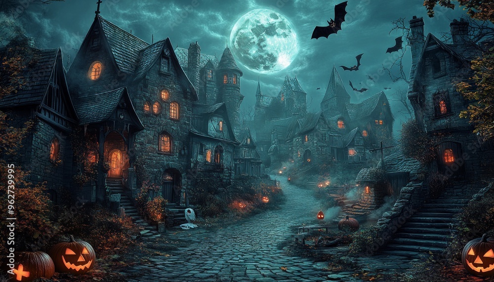 Obraz premium Spooky Village with Ghostly Houses and Foggy Atmosphere on Halloween Night