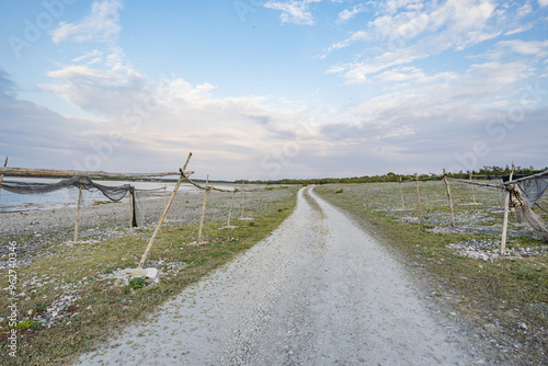 Road through coastal landscape under blue sky