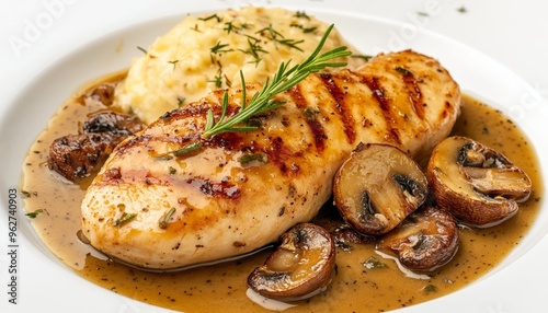 Grilled Chicken Fillet with Mushrooms Herbs on a Wooden Plate