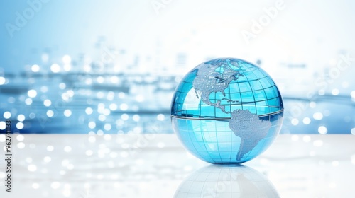 Blue glass globe on white background with data blocks illustrating global network concept