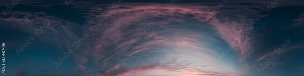 Obraz premium Seamless 360 HDR spherical panorama of dark sunset sky with glowing vibrant pink Cirrus clouds. Full zenith or sky dome in 3D, sky replacement for aerial drone panoramas. Climate and weather change.