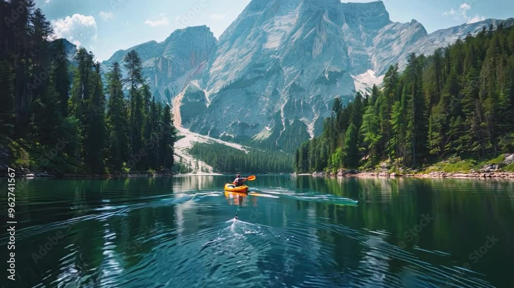 A serene scene of a lone kayaker paddling across a tranquil mountain lake, surrounded by towering pine trees and majestic peaks. A serene scene of a lone kayaker paddling across a tranquil mountain lake, surrounded by towering pine trees and majestic peaks.