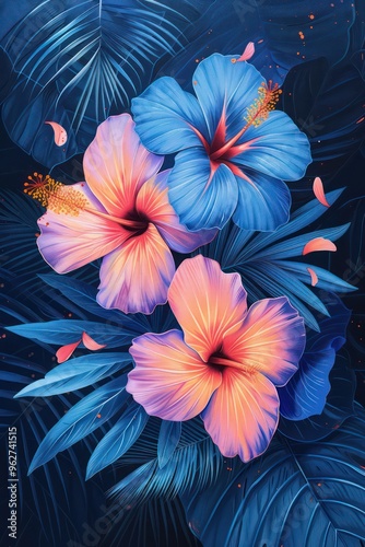 A vibrant illustration of hibiscus flowers surrounded by tropical leaves in a rich blue background.