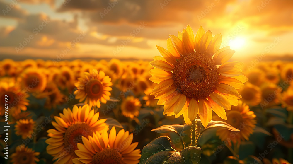 Fototapeta premium Sunflower Field at Sunset - Realistic Digital Illustration