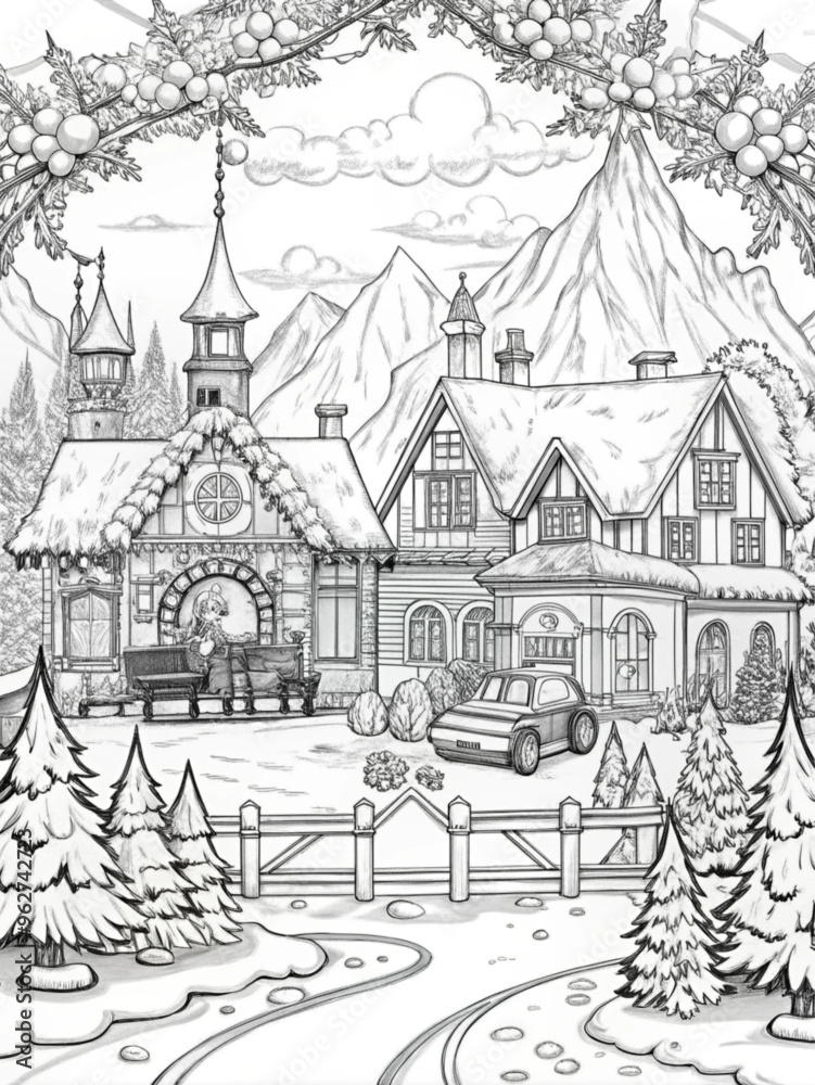 Detailed Winter Village Scene with Snow-Covered Houses for Coloring Books Detailed Winter Village Scene with Snow-Covered Houses for Coloring Books