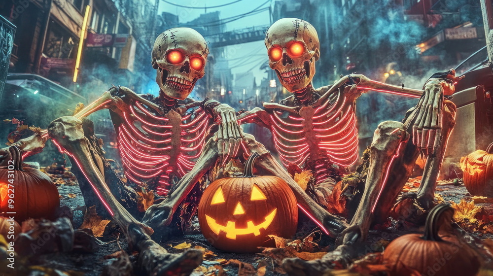 Naklejka premium Neon Skeletons Halloween.