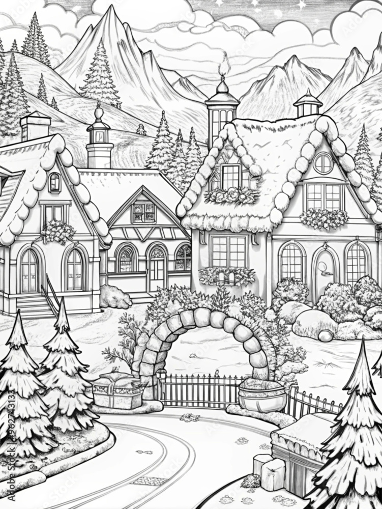 Detailed Winter Village Scene with Snow-Covered Houses for Coloring Books