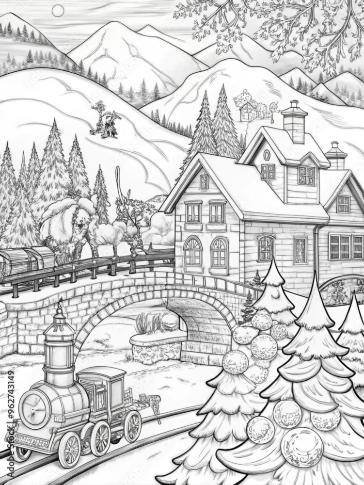 Obraz premium Detailed Winter Village Scene with Snow-Covered Houses for Coloring Books