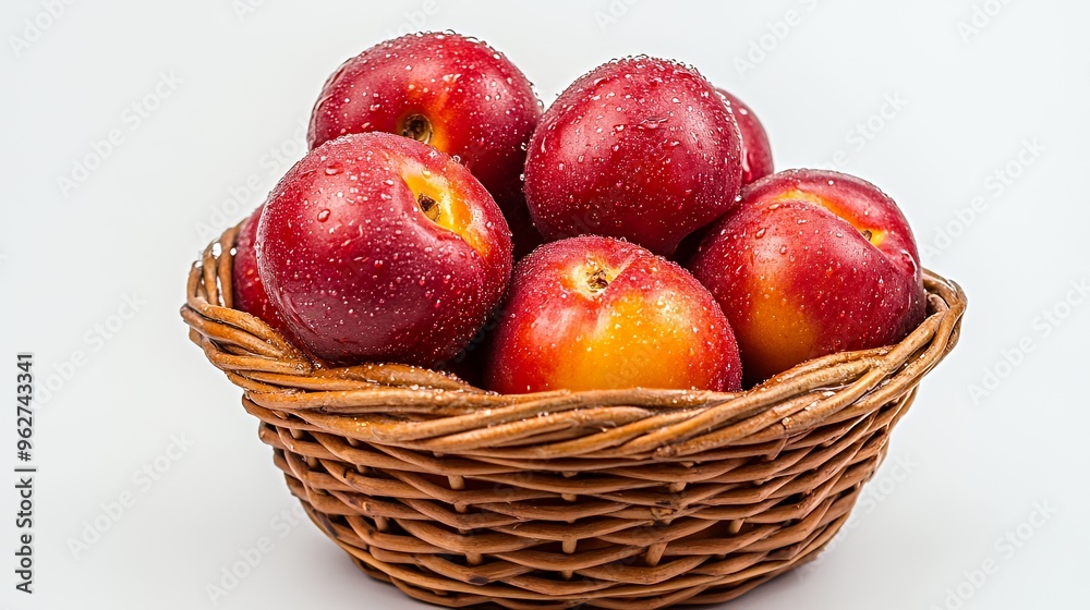 Close-up of fresh, ripe peaches in a woven basket with water droplets on them. Close-up of fresh, ripe peaches in a woven basket with water droplets on them.