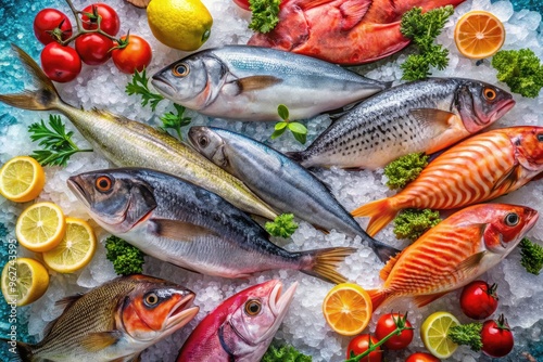 Vibrant assortment of fresh fish on ice, featuring salmon, tuna, mackerel, snapper, groupers, and more, showcasing diverse scales, fins, and textures in a colorful display.