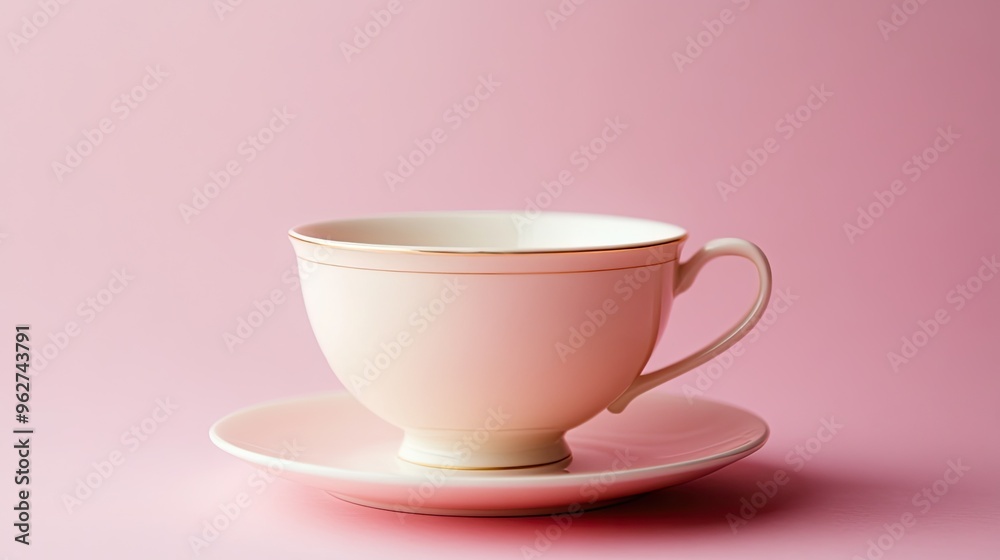 A delicate pink cup and saucer set against a soft pink background. A delicate pink cup and saucer set against a soft pink background.