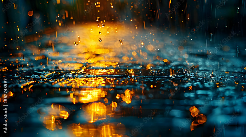 Abstract Photo of Raindrops Falling on a Wet Surface with Blurred Lights Abstract Photo of Raindrops Falling on a Wet Surface with Blurred Lights