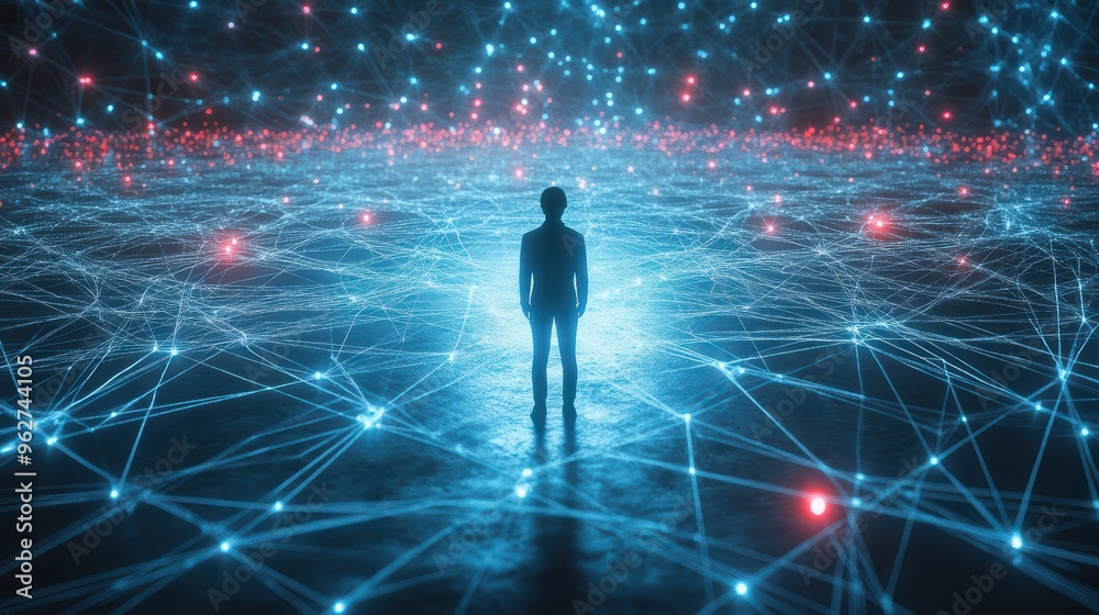 One person standing in the epicenter of a network, human resource management concept One person standing in the epicenter of a network, human resource management concept