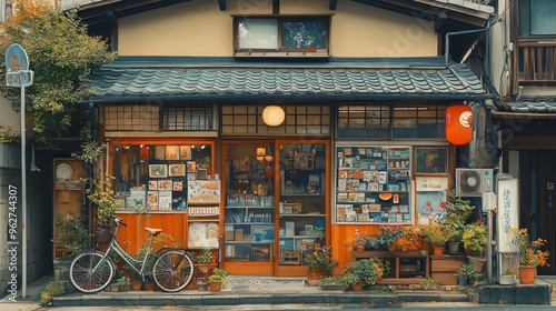 Traditional japanese local shop with bicycle parked outside showing local life
