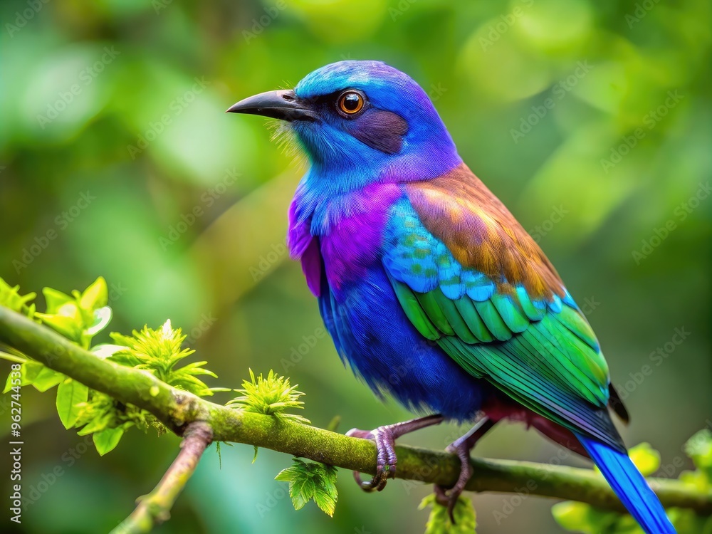 Vibrant blue and purple bird with iridescent feathers perched on a lush green branch, showcasing its majestic plumage in a serene natural environment. Vibrant blue and purple bird with iridescent feathers perched on a lush green branch, showcasing its majestic plumage in a serene natural environment.