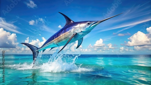 Vibrant blue marlin swordfish leaps out of turquoise ocean waters, its sleek silver body and majestic dorsal fin glistening in the warm tropical sunlight. photo