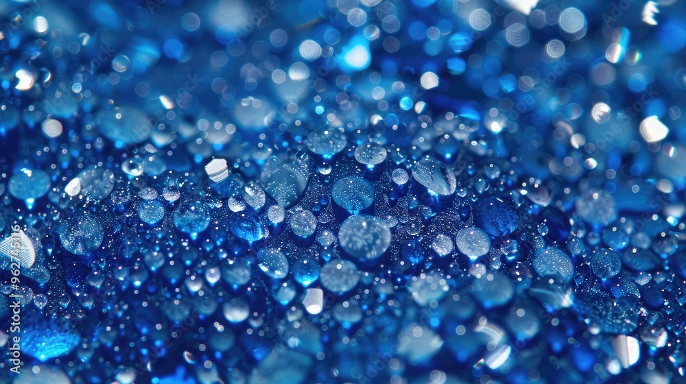 Vivid blue droplets in close-up background, slightly blurred.