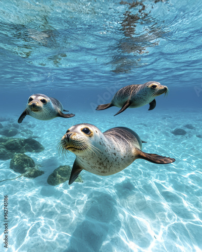 Playful seals swimming underwater, showcasing their natural behavior in clear blue ocean.