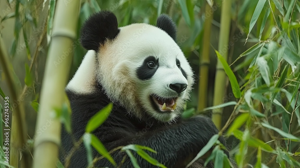 Fototapeta premium A playful giant panda frolicking amidst the lush green bamboo forest, capturing moments of joy and curiosity in its natural habitat. The scene highlights the panda's playful behavior