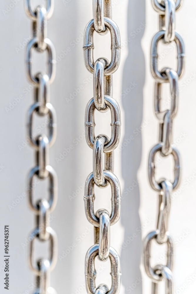 Silver Chains Pattern on Bright High-Contrast White Background with Crisp Daylight Shadows Silver Chains Pattern on Bright High-Contrast White Background with Crisp Daylight Shadows
