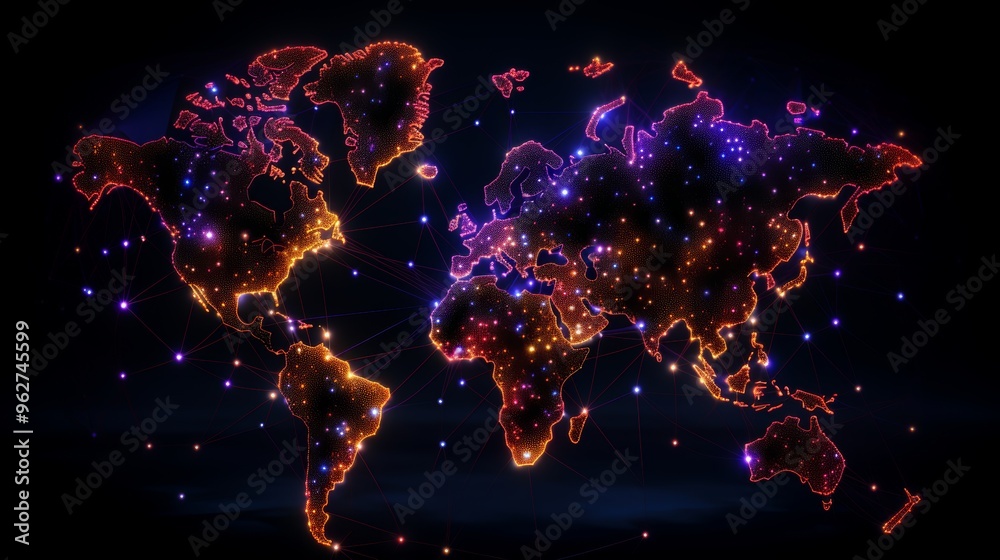 World map of cities connected by blue lines and purple red dots illustrating global links World map of cities connected by blue lines and purple red dots illustrating global links