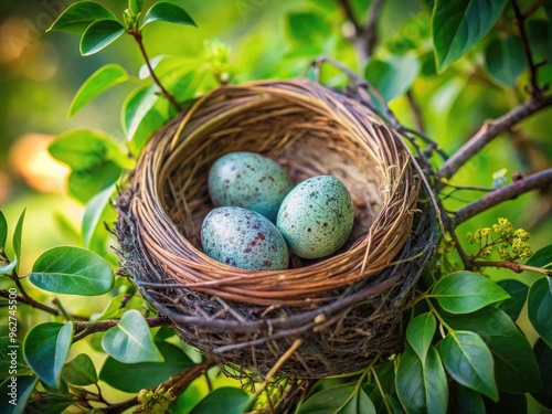 Vibrant close-up of three Cardinal bird eggs, speckled with brown and gray, nested in a delicate twigs and leaves arrangement, against a soft green background. photo