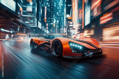 Sport car on the road with motion blur background. Street racing videogame gameplay. 3D rendering of a brand-less generic concept car in a futuristic environment with generative ai