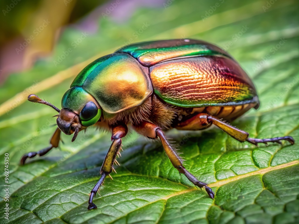 A beautifully shaded Japanese beetle with a metallic sheen, sitting on a leaf, has reddish-brown legs that are A beautifully shaded Japanese beetle with a metallic sheen, sitting on a leaf, has reddish-brown legs that are