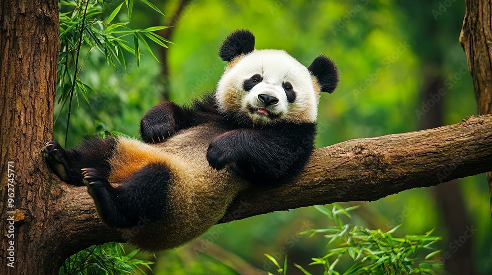 Fototapeta premium A playful giant panda frolicking amidst the lush green bamboo forest, capturing moments of joy and curiosity in its natural habitat. The scene highlights the panda's playful behavior