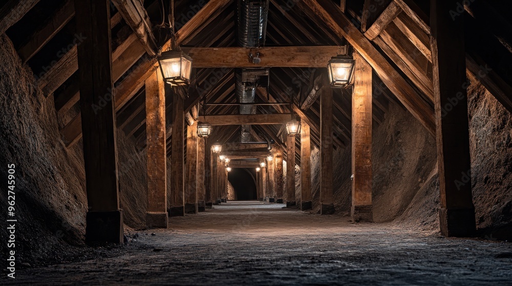 A dimly lit wooden corridor in an underground space, illuminated by lanterns. A dimly lit wooden corridor in an underground space, illuminated by lanterns.