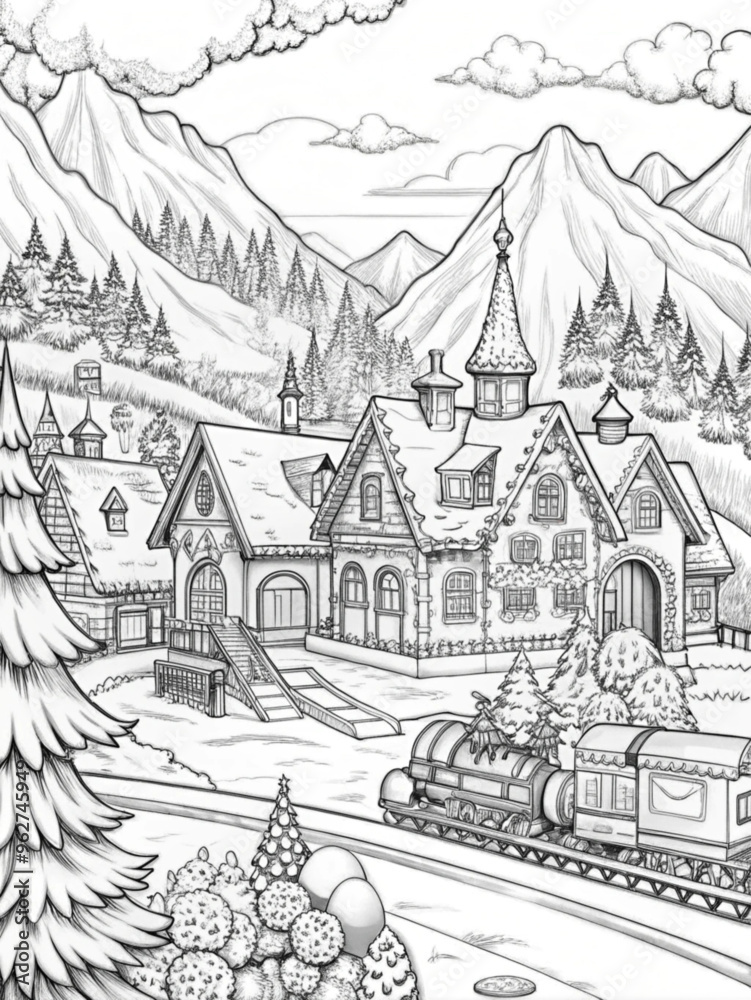 Detailed Winter Village Scene with Snow-Covered Houses for Coloring Books