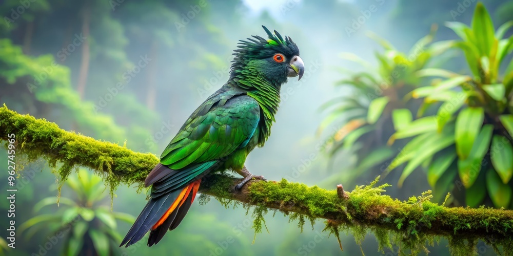 Obraz premium A black parrot flaunts vibrant green plumage on its head, wings, and tail, surveying its tropical surroundings from